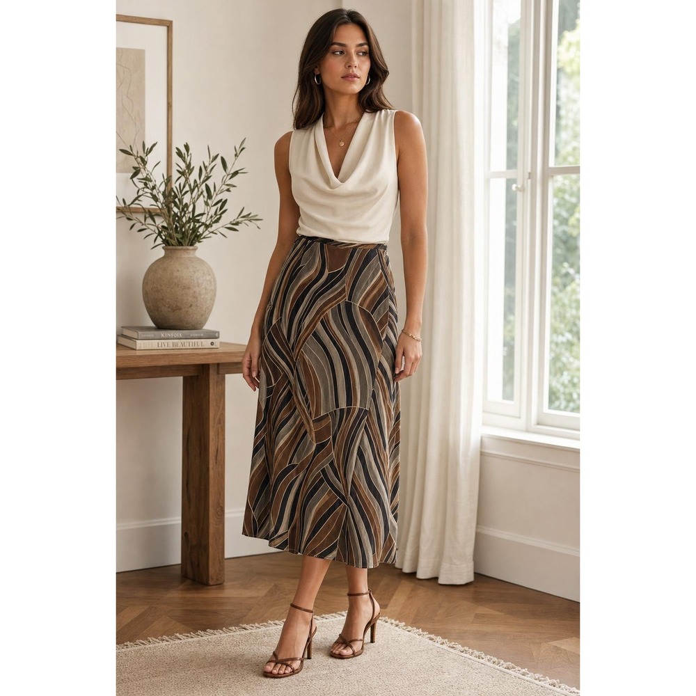 Vintage Abria Woman Skirt Women's 3X Brown Abstract Striped Midi Career Stretch